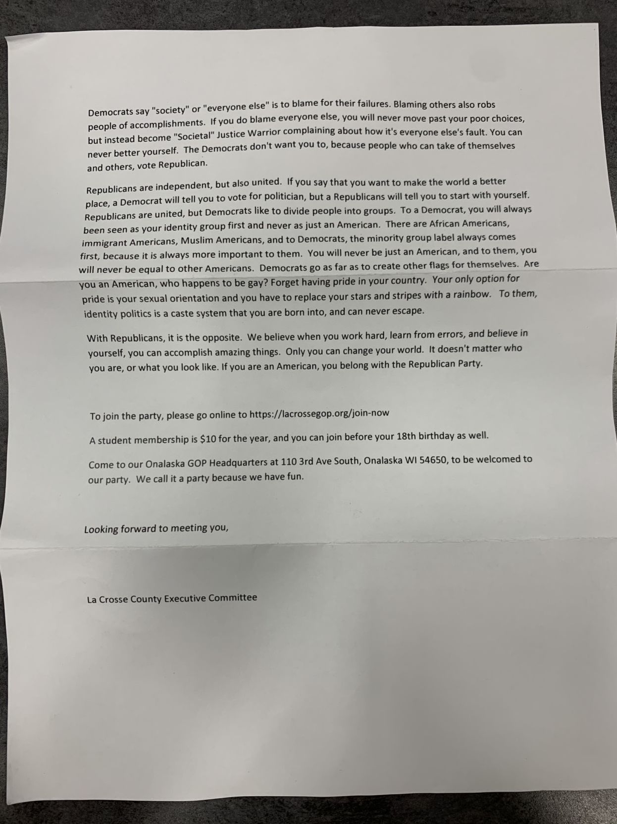 Letter to area high school seniors from La Crosse Republican Party (page 2)